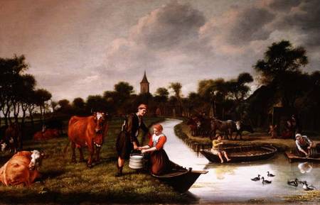 River Landscape with a couple carrying a milk churn à Jan Victors
