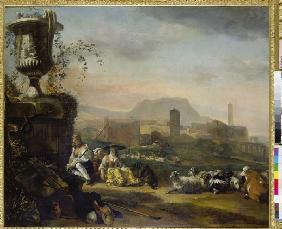 Paysage romain avec des bergers et le troupeau