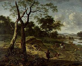 Paysage de forêt avec des chasseurs