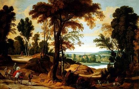 A wooded river landscape with figures on a road à Jan Wildens