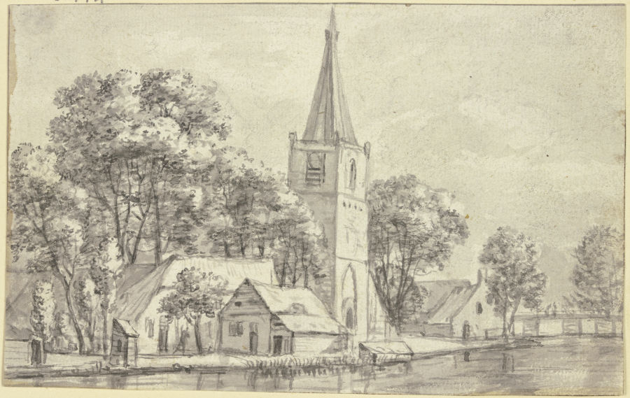 Dorfkirche unter Bäumen am Kanal à Jan van Kessel