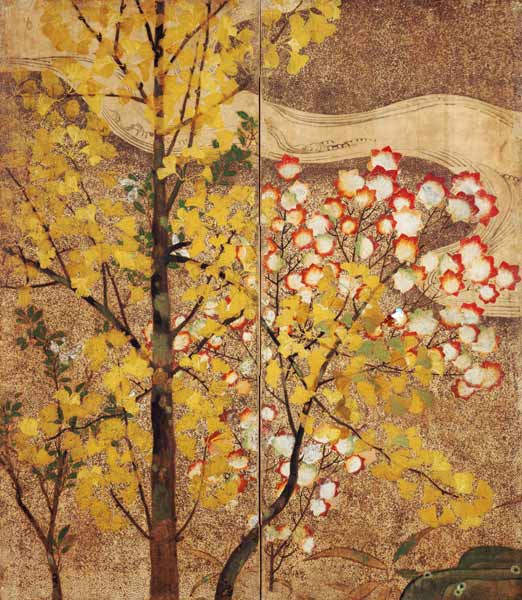Arbre d'automne (soie peinte) à École japonaise