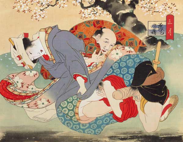 Couple Having Sex Under a Cherry Tree (w/c on silk) à École japonaise