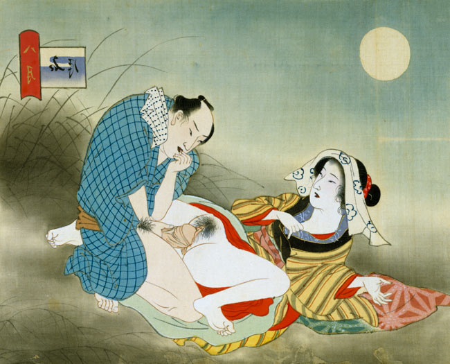 Couple Making Love in the Moonlight (w/c on silk) à École japonaise