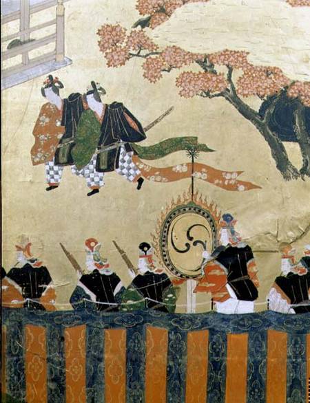 Detail from a four leaf screen depicting two courtiers wearing kazaritachi and soldiers, Tosa School à École japonaise
