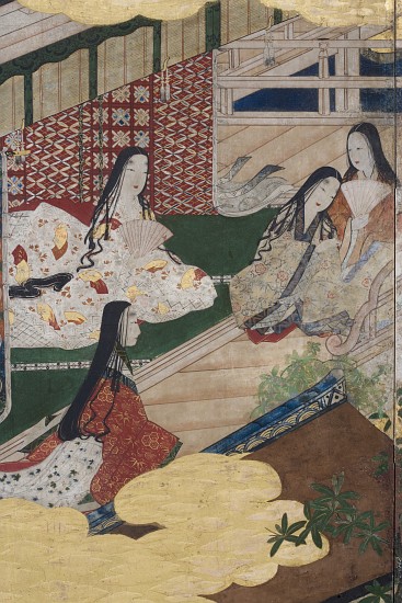 Detail of Spring in the Palace, six-fold screen from 'The Tale of Genji' à École japonaise