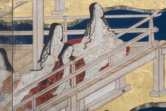 Detail of Spring in the Palace, six-fold screen from 'The Tale of Genji' à École japonaise