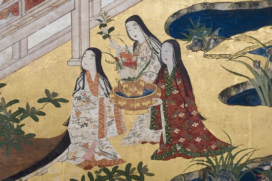 Detail of Spring in the Palace, six-fold screen from 'The Tale of Genji' à École japonaise