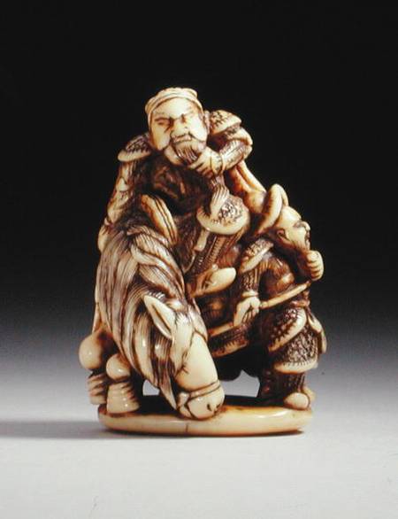 Netsuke in the form of a Chinese warrior on horseback with his attendant à École japonaise