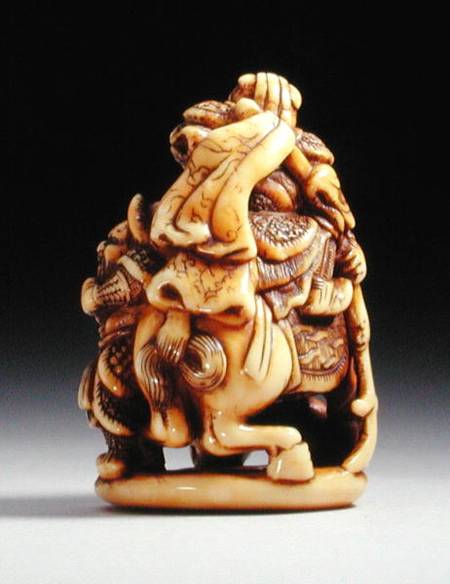 Reverse side of a netsuke in the form of a Chinese warrior on horseback with his attendant à École japonaise