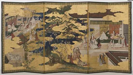 Spring in the Palace, six-fold screen from 'The Tale of Genji' à École japonaise