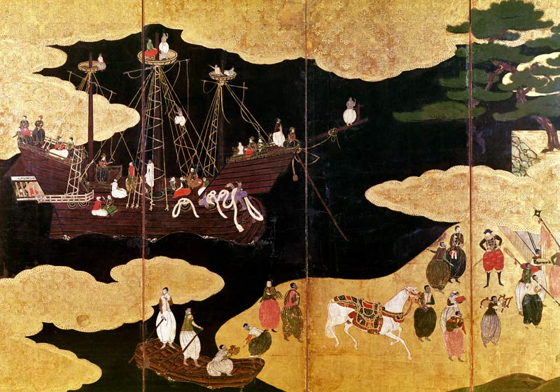 The Arrival of the Portuguese in Japan, detail of the left-hand section of a folding screen, Kano Sc à École japonaise