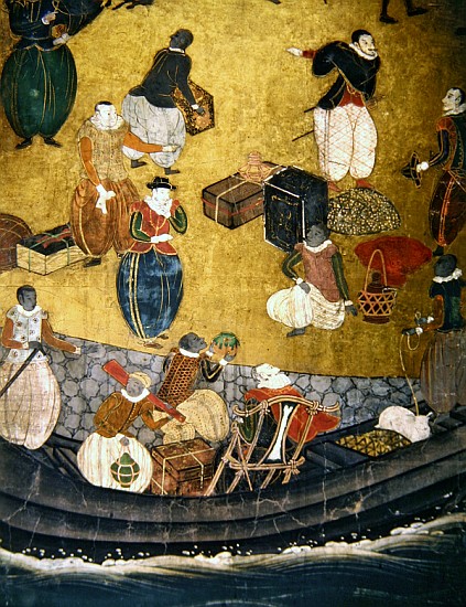 The Arrival of the Portuguese in Japan, detail of unloading merchandise, from a Namban Byobu screen, à École japonaise
