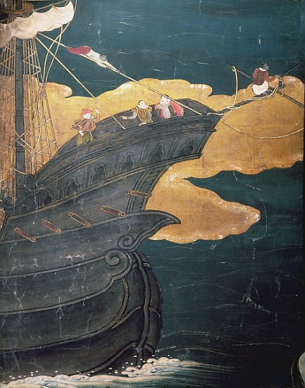 The Arrival of the Portuguese in Japan, detail of ship''s prow, from a Namban Byobu screen, 1594-161 à École japonaise