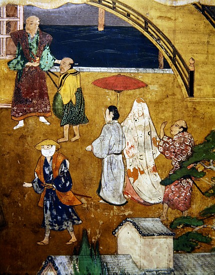 The Arrival of the Portuguese in Japan, detail of a street scene, from a Namban Byobu screen, 1594-1 à École japonaise
