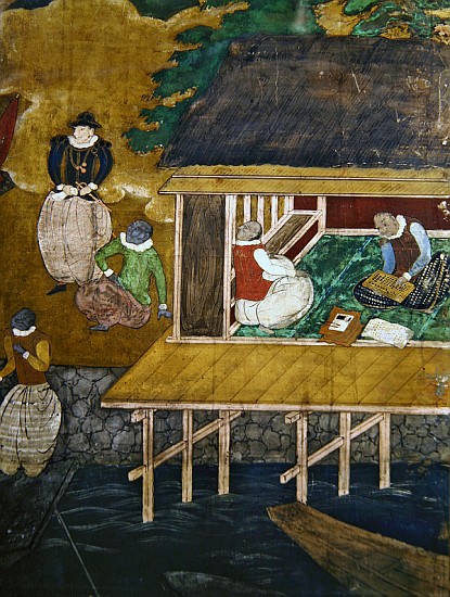 The Arrival of the Portuguese in Japan, detail of a house on stilts, from a Namban Byobu screen, 159 à École japonaise
