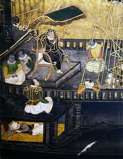 The Arrival of the Portuguese in Japan, detail showing men in the central part of a ship, from a Nam à École japonaise