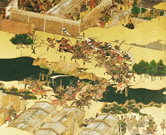The Battle of Hogen from a screen, Momayama Period (1568-1600) (pen & ink, colour and gold laid on p à École japonaise