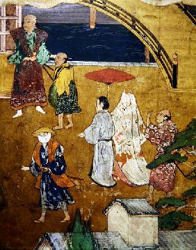 The Arrival of the Portuguese in Japan, detail of a street scene, from a Namban Byobu screen, 1594-1