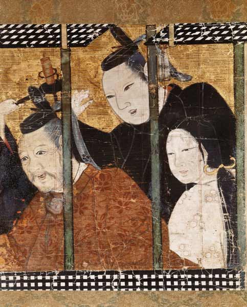 Two men and a woman behind an awning, detail from a screen, 15th-18th century à École japonaise