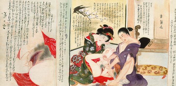 Two Erotic Illustrations from a scroll (w/c on silk) à École japonaise