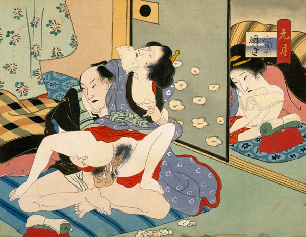 Woman Observing as Couple Have Sex (w/c on silk) à École japonaise