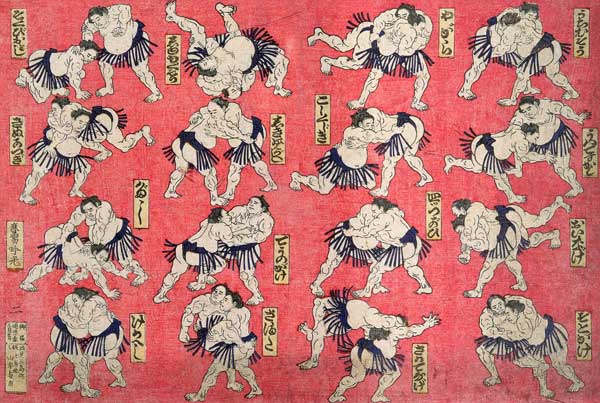 Sumo wrestlers (hand tinted wood engraving on paper) à École japonaise (19ème siècle)