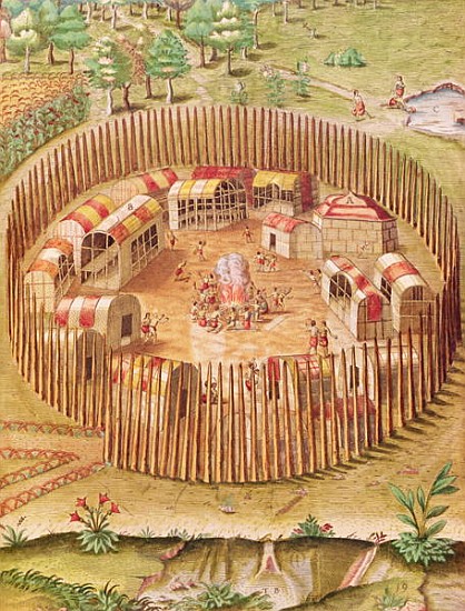 Fortified Indian Village, from ''Brevis Narratio...'', published by Theodore de Bry à J.(de Morgues) Bry Theodore (1528-98) d'après Le Moyne