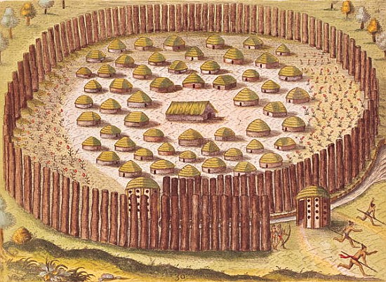 Fortified Indian Village, from ''Brevis Narratio...'', published by Theodore de Bry, 1591(detail of  à J.(de Morgues) Bry Theodore (1528-98) d'après Le Moyne