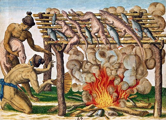 How to grill animals, from ''Brevis Narratio...'', published by Theodore de Bry à J.(de Morgues) Bry Theodore (1528-98) d'après Le Moyne