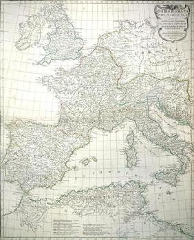 Map of the western part of the Roman Empire, 1763 (coloured engraving)