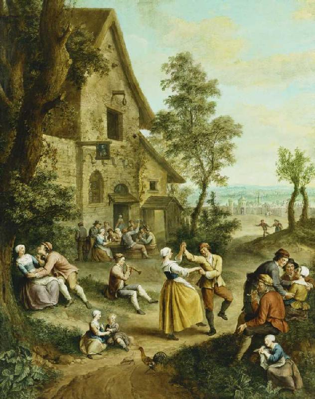 Bauern tanzen vor einer Taverne. à Jean-Antoine Watteau