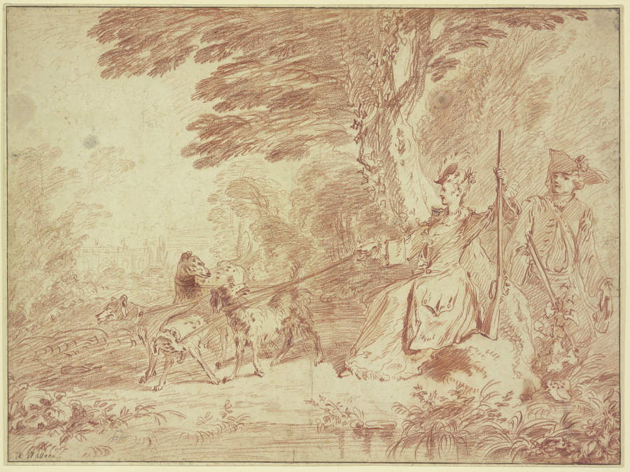 Jagdpartie, Jägerin und Jäger mit vier Hunden in einer Landschaft à Jean-Antoine Watteau