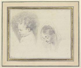Kinderkopf im Profil nach links und Kopf einer jungen Frau mit gesenktem Blick