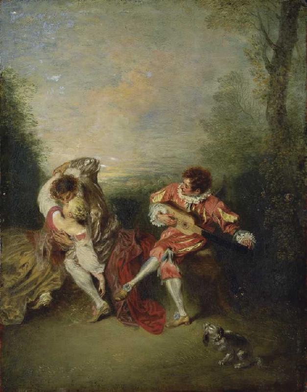 La Surprise: Ein sich umarmendes Paar und ein Guitarre spielender Mezzetin. à Jean-Antoine Watteau