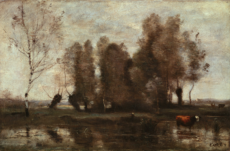 Groupe d'arbres à une rive de fleuve à Jean-Baptiste-Camille Corot