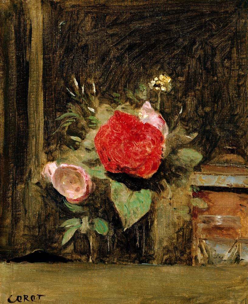 Bouquet of Flowers in a Glass beside a Tobacco Pot à Jean-Baptiste-Camille Corot