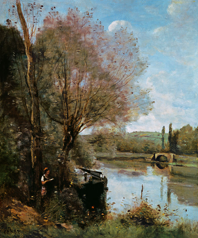 Lectures à une rive de fleuve boisée à Jean-Baptiste-Camille Corot