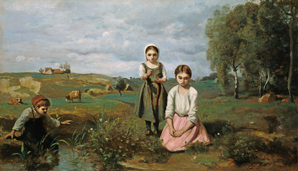 Children beside a brook in the countryside, Lormes (oil on canvas) à Jean-Baptiste-Camille Corot