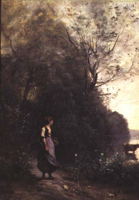 A Peasant Woman Grazing a Cow at the Edge of a Forest à Jean-Baptiste-Camille Corot