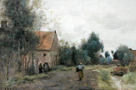 Sin near Douai, Village Street in the Morning, Grey Weather à Jean-Baptiste-Camille Corot