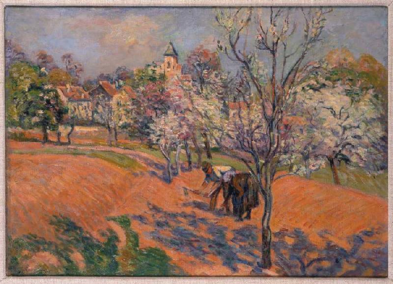 Personnes de paysan semant les grains sous des arbres fruitiers fleurissant à Jean-Baptiste Armand Guillaumin