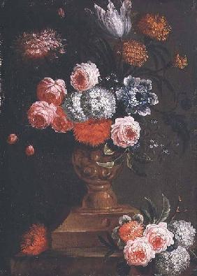 Tulips, Marigolds, Viburnum, Forget-me-nots, Roses and other Flowers in an Urn