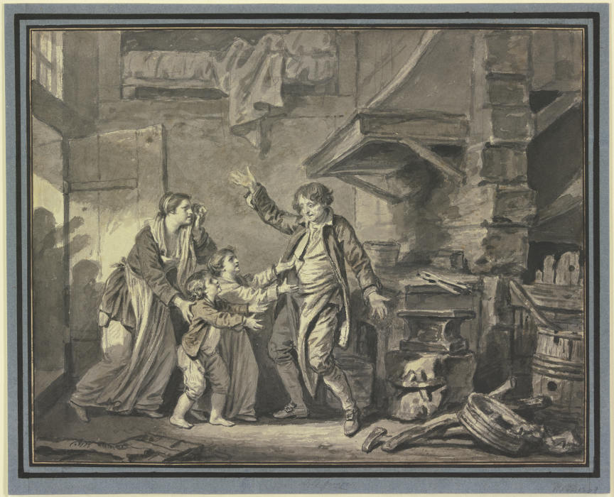In einer Schmiede fleht ein Weib mit zwei Kindern einen Mann an à Jean Baptiste Greuze