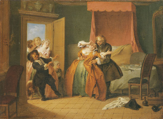 Madame Bouvillon opens the door for Ragotin who causes a swelling on her brow à Jean-Baptiste Joseph Pater