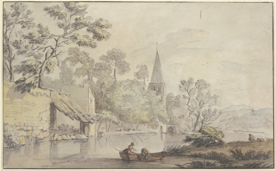 Kirchturm und einige Gebäude an einem Wasser, vorne zwei Frauen in einem Kahn à Jean-Baptiste Lallemand