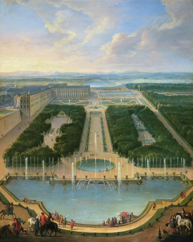 Perspective view of the chateau of Versailles seen from the Neptune Fountain à Jean-Baptiste Martin