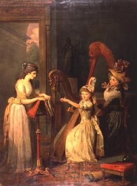 Harp lesson given by Madame de Genlis to Mademoiselle d'Orleans with Mademoiselle Pamela Turning the