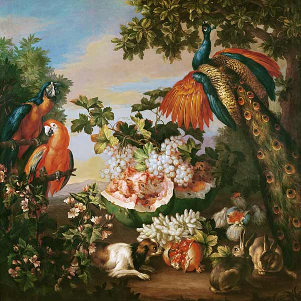 Fruit and Exotic Birds in a Landscape à Jean Baptiste Monnoyer