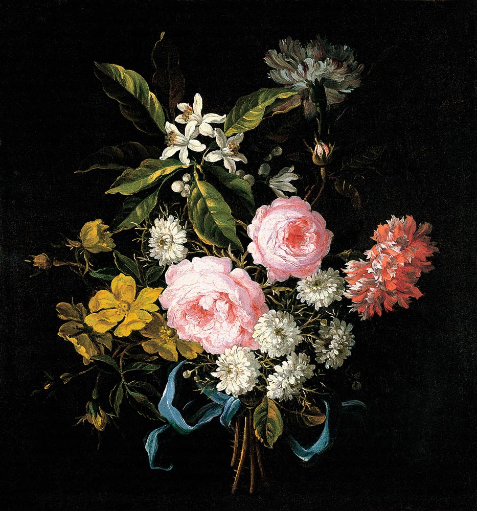 Bouquet of Chamomile, Roses, Orange Blossom and Carnations Tied with a Blue Ribbon à Jean-Baptiste Monnoyer